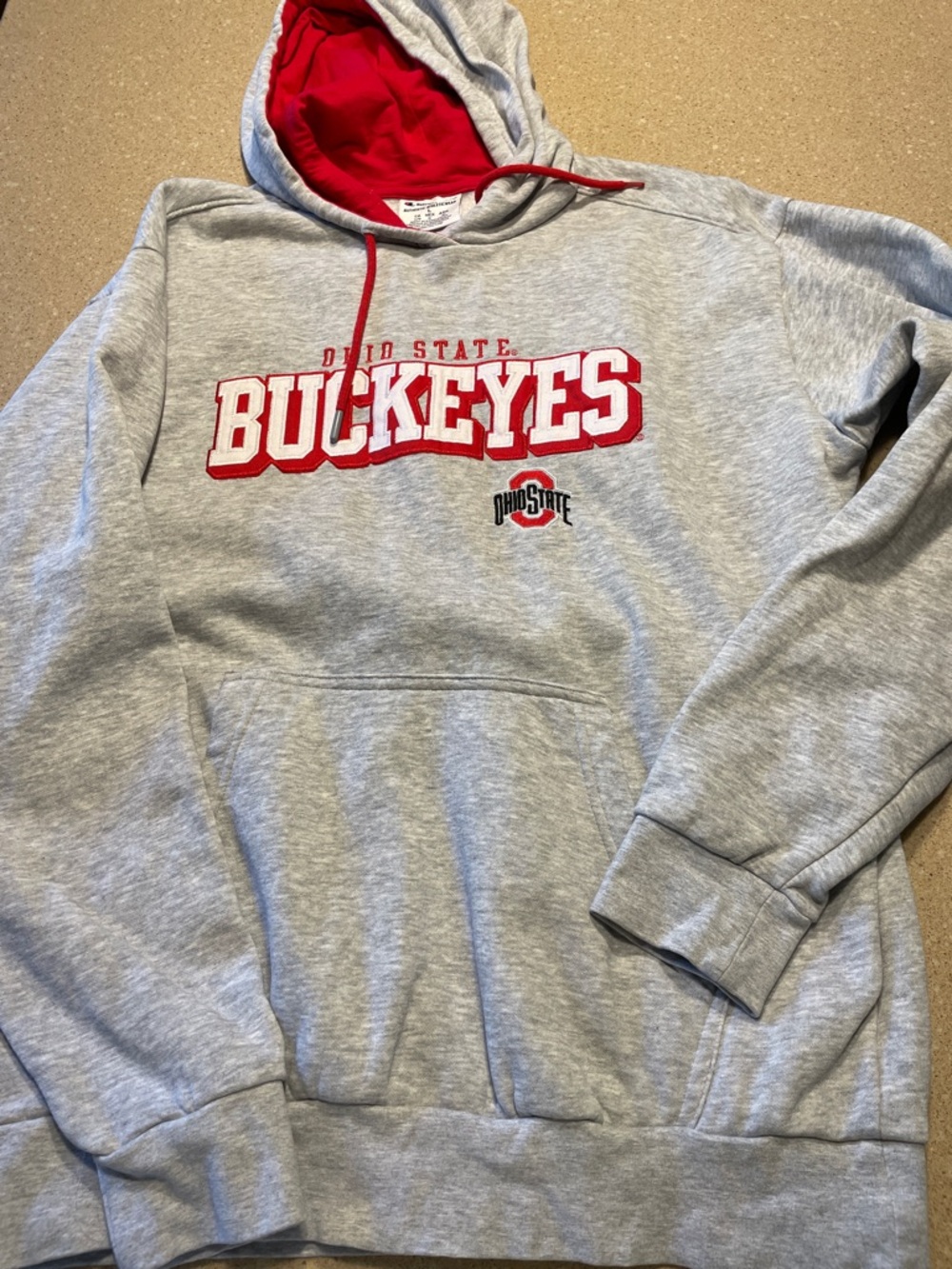 Champion Gray Hoodie with Red Hood Lining